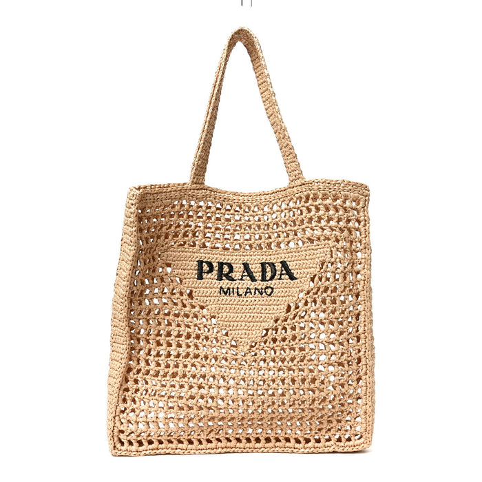 Prada Raffia Effect Crochet Logo Tote Bag Naturale – PRELOOV