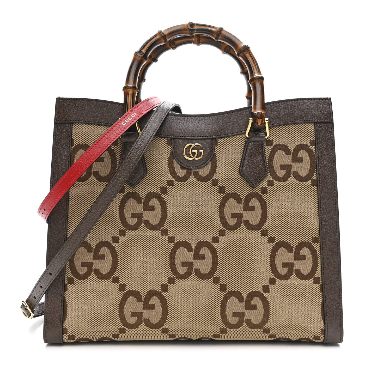 Gucci Medium Diana Tote Bag Camel Ebony Jumbo GG Canvas Calfskin