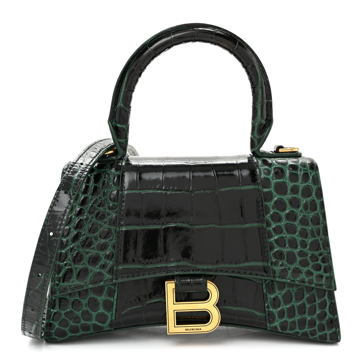 Balenciaga Hourglass Top Handle Bag XS Forest Green Croc Embossed Calfskin