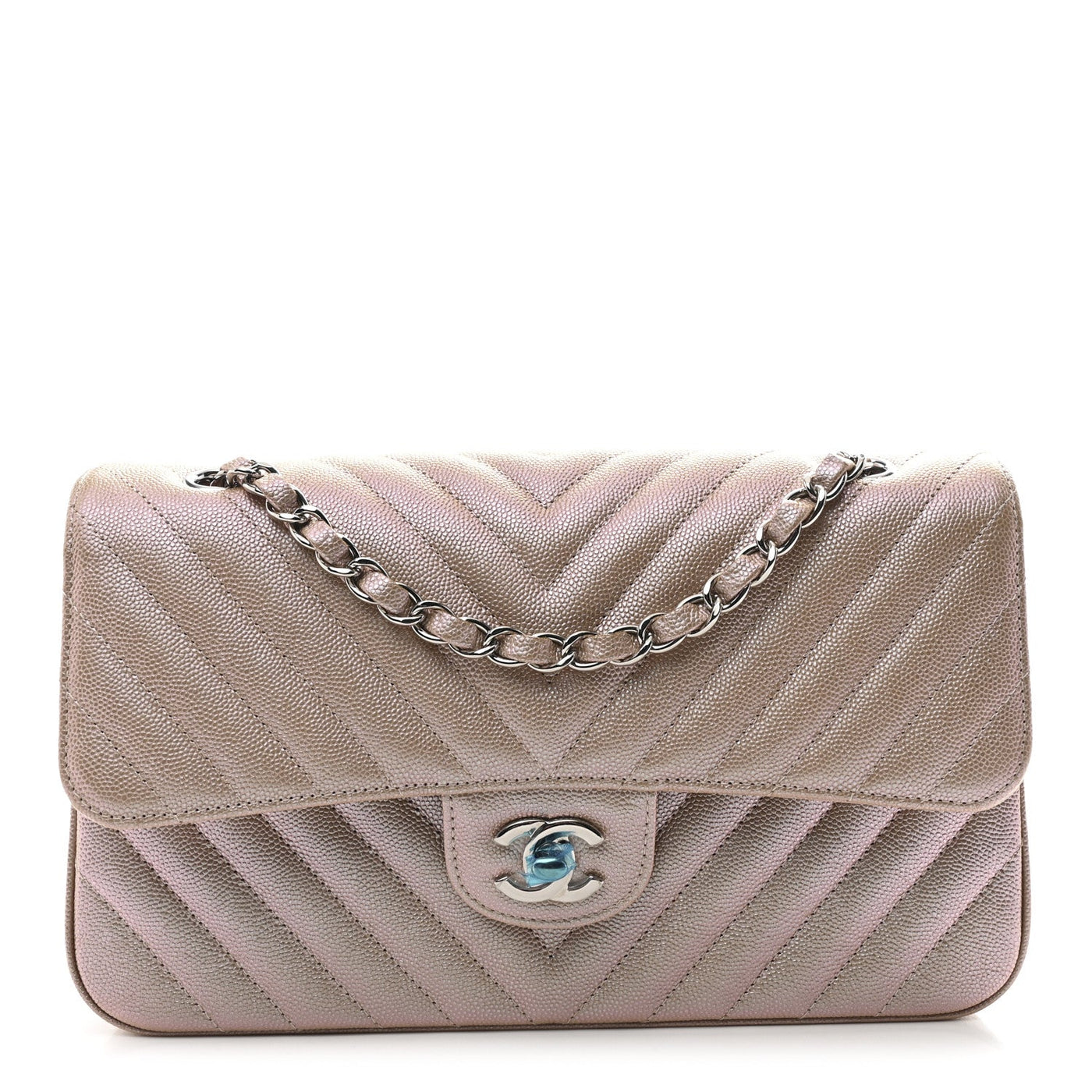 Chanel Double Flap Bag Medium Light Gold Metallic Caviar Chevron