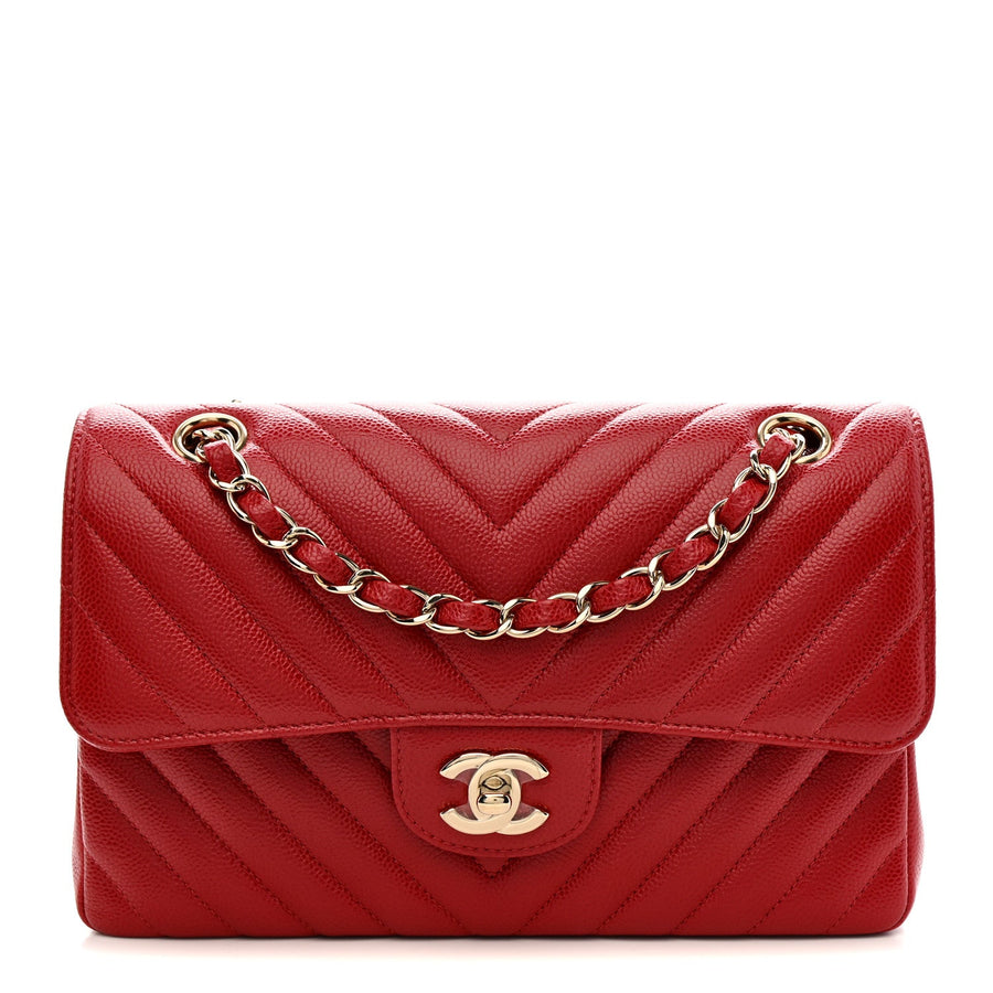 Chanel Double Flap Bag Small Red Caviar Chevron
